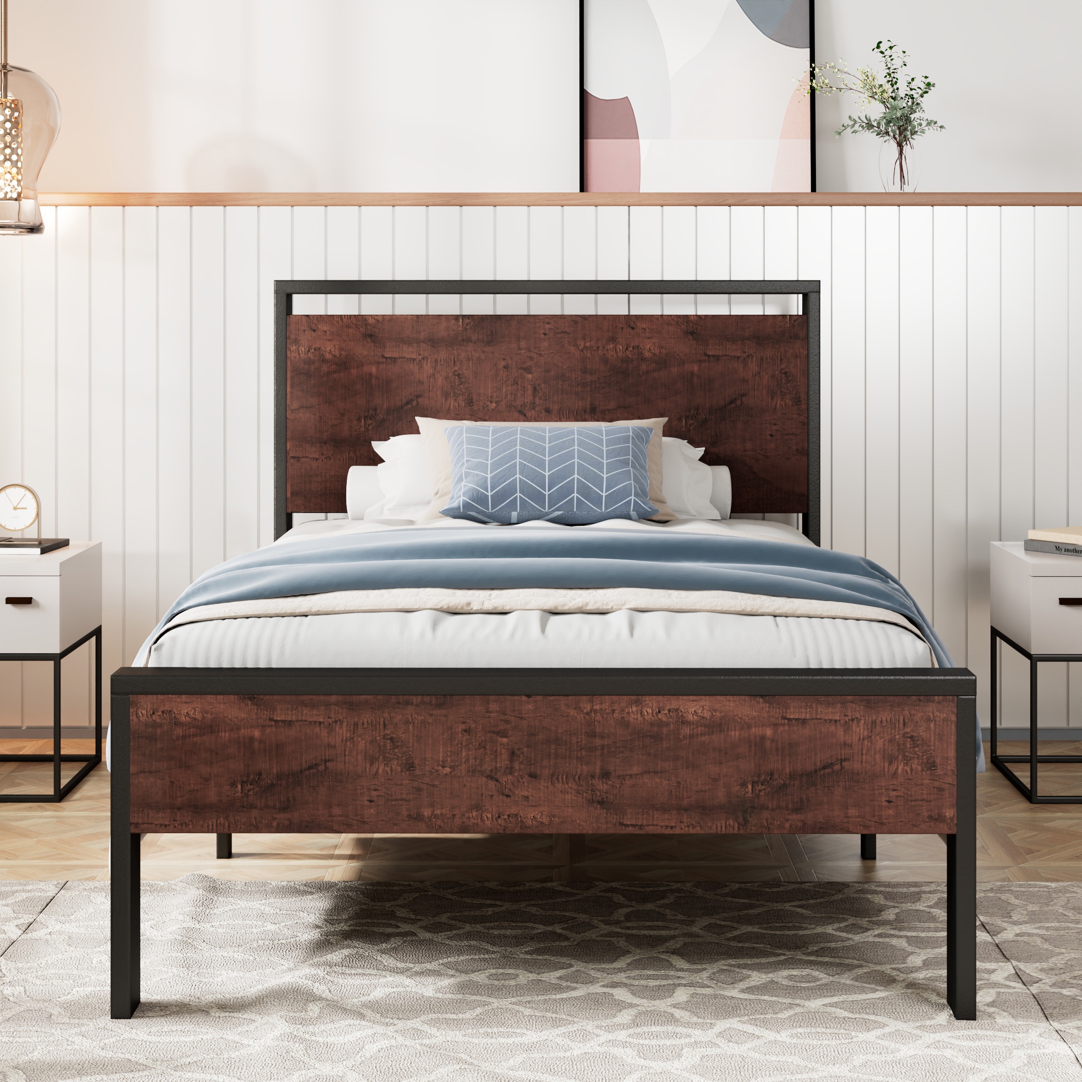Amolife Twin Size Bed Frame, Heavy Duty Metal Platform Bed with Wooden Headboard & Footboard, No Box Spring Needed, Mahogany