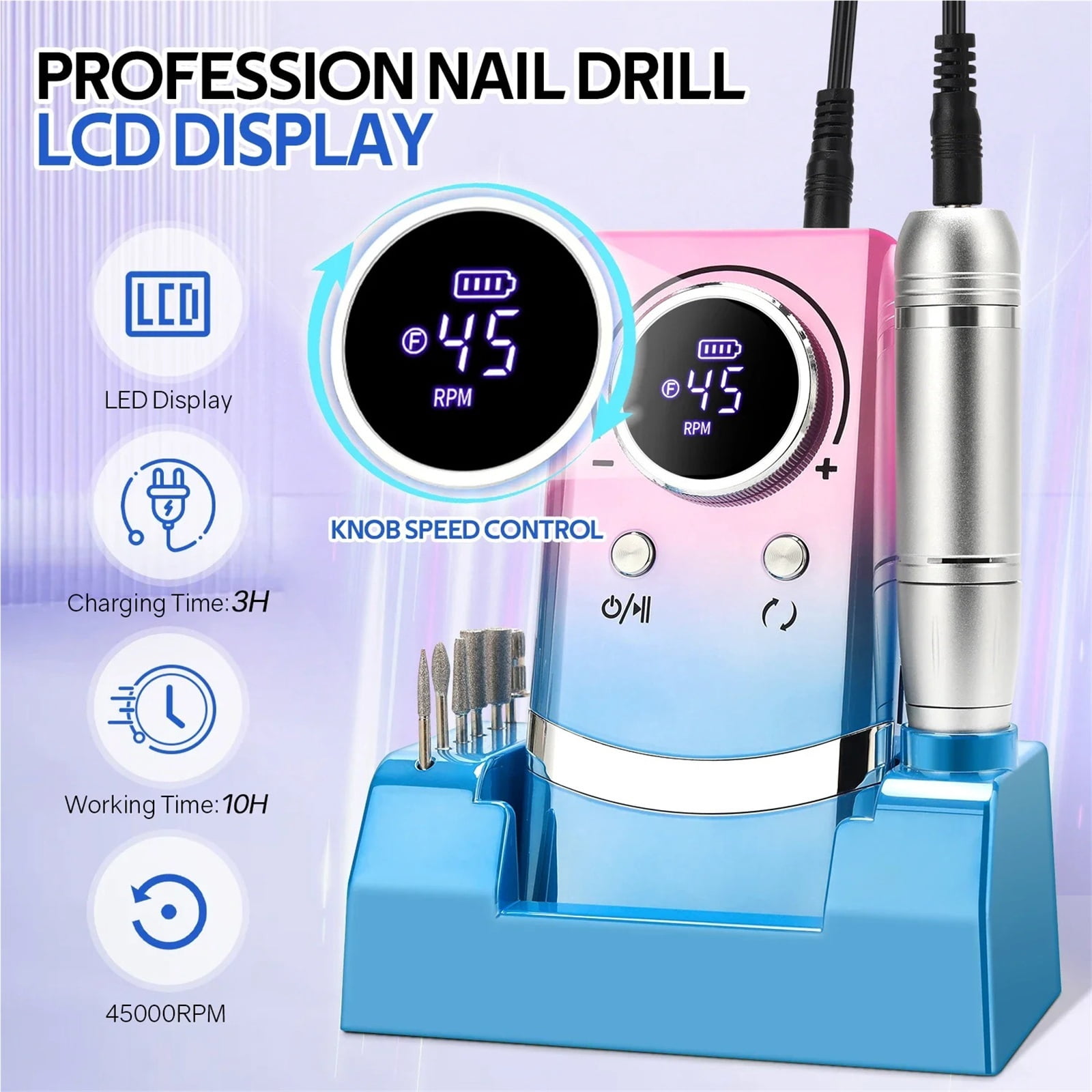 45000RPM Electric Nail Drill Machine Professional Nail Drills for Gel Nails Polish Rechargeable Portable Nail File Manicure Tool