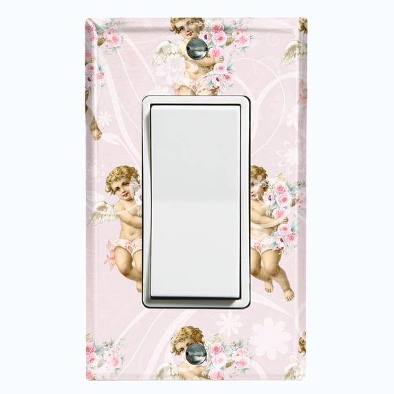 Metal Light Switch Plate Outlet Cover Romantic Pink Floral Cupid Damask Wallpaper AGL003