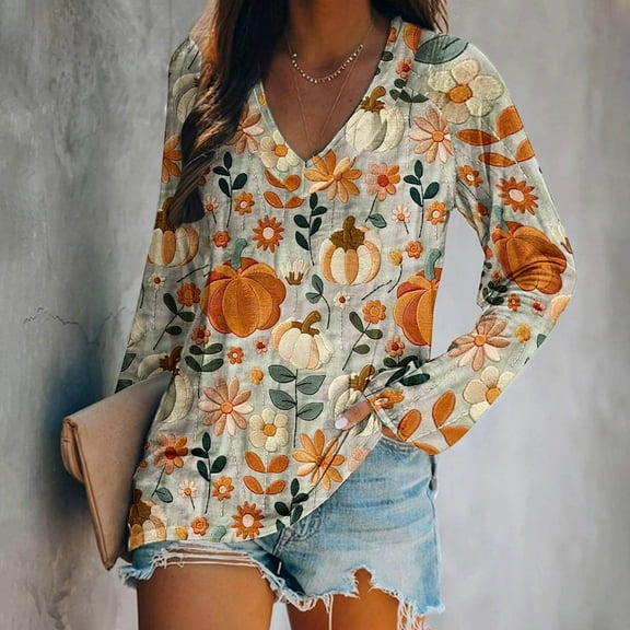 VKOYWKM Long Sleeve Fall T-Shirt for Women Thanksgiving Pumpkin Shirts V Neck Loose Fit Vintage Thanksgiving Graphic Tees Thankful Grateful Blessed Tunic Tops