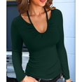thumbnail image 4 of Womens Fall Clothes Long Sleeve Shirts Halter U Neck Ribbed Knit Slim Fitted Basic Casual Tops Dark Green M, 4 of 9