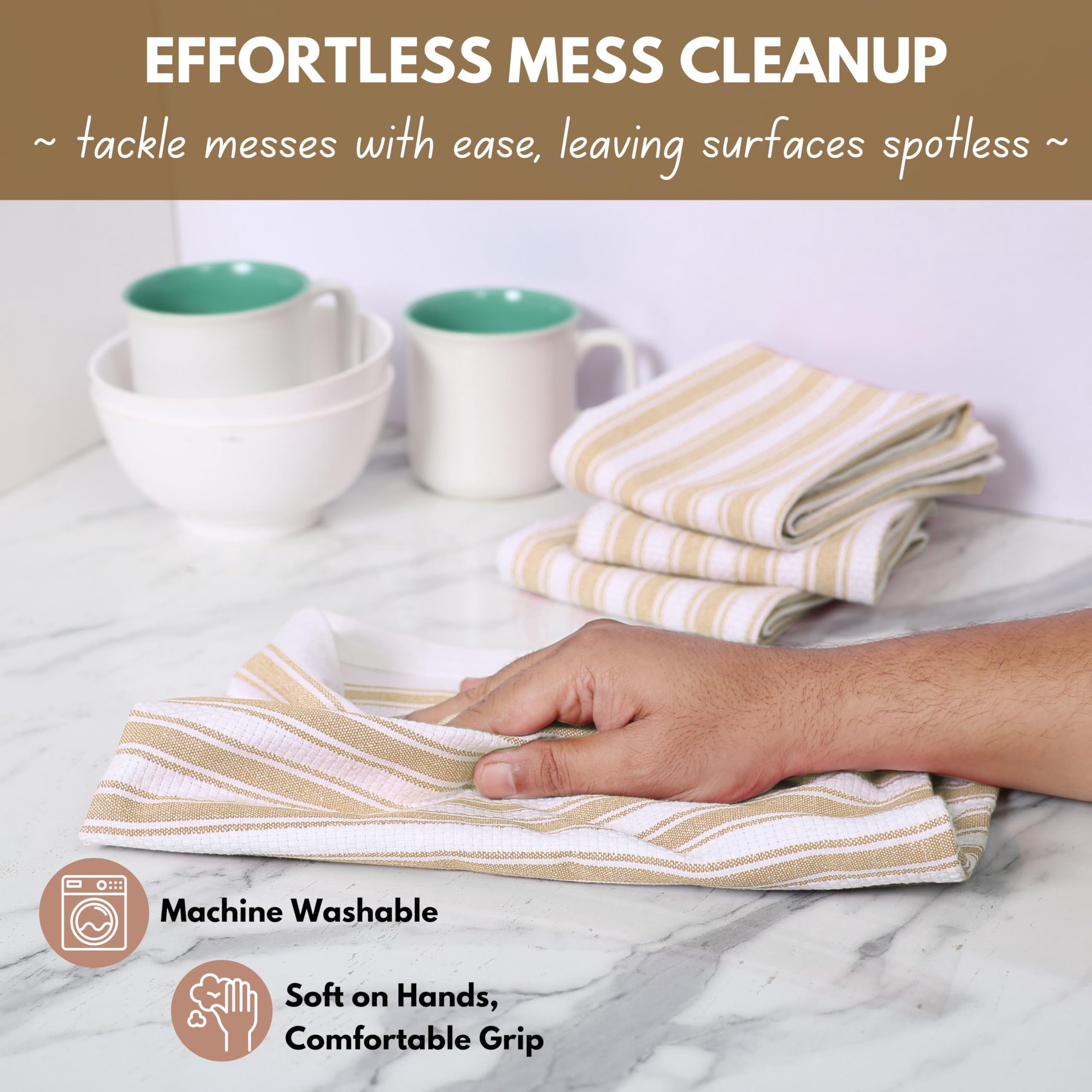 Native Fab Stripe Kitchen Towels Set of 12, 100% Cotton, 16"x26", Everyday Dish Rags for Cleaning, Beige White
