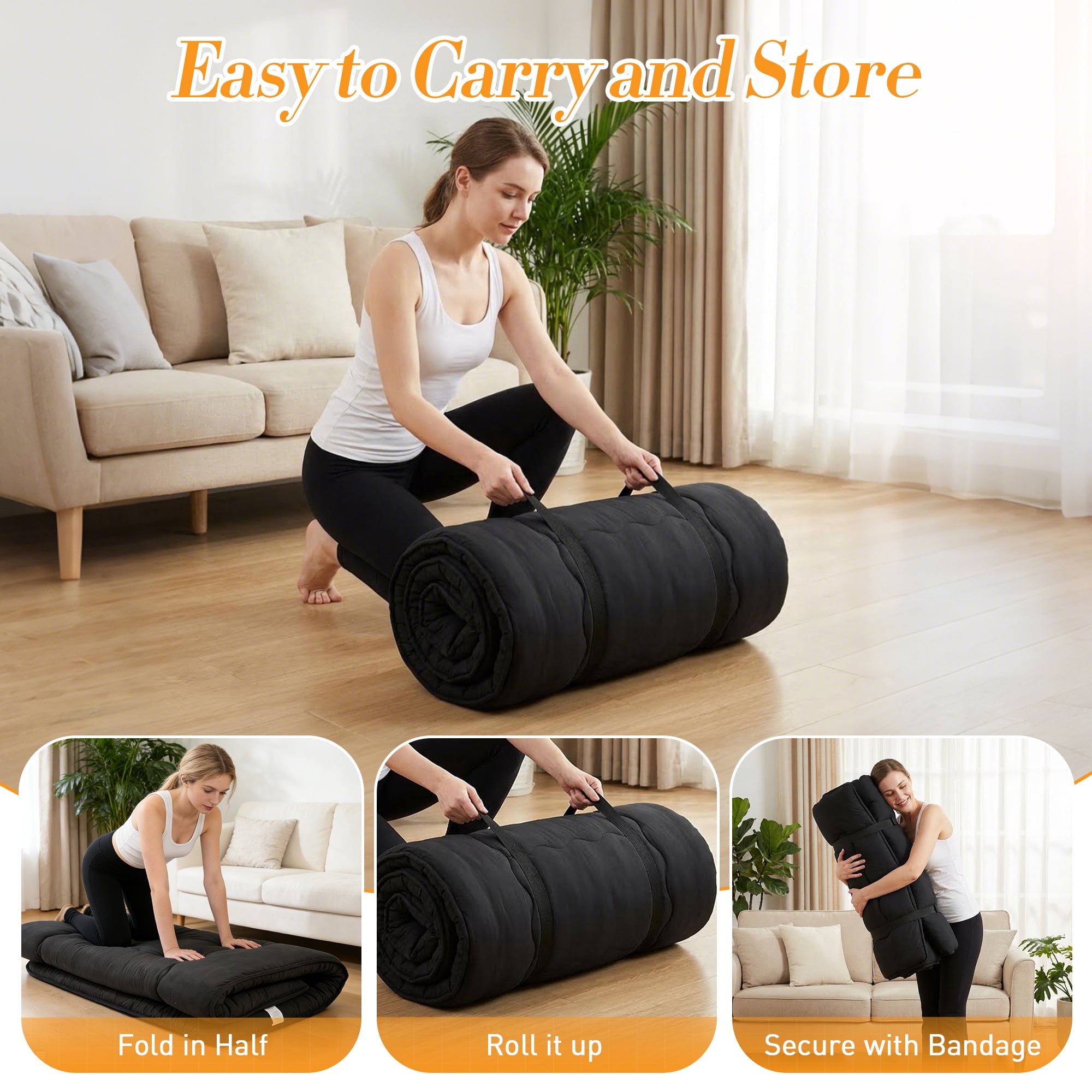 CONCETTA Memory Foam Futon Mattress, Twin Size, Foldable Tatami Floor Mattress with Storage Bag, Black