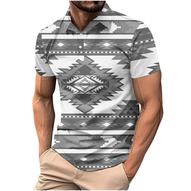 Camisas de Manga Larga para Hombres Impresos Girar Hacia Abajo Botones de Cuello Lateral Dividido, Casual Blusa de Manga Corta
