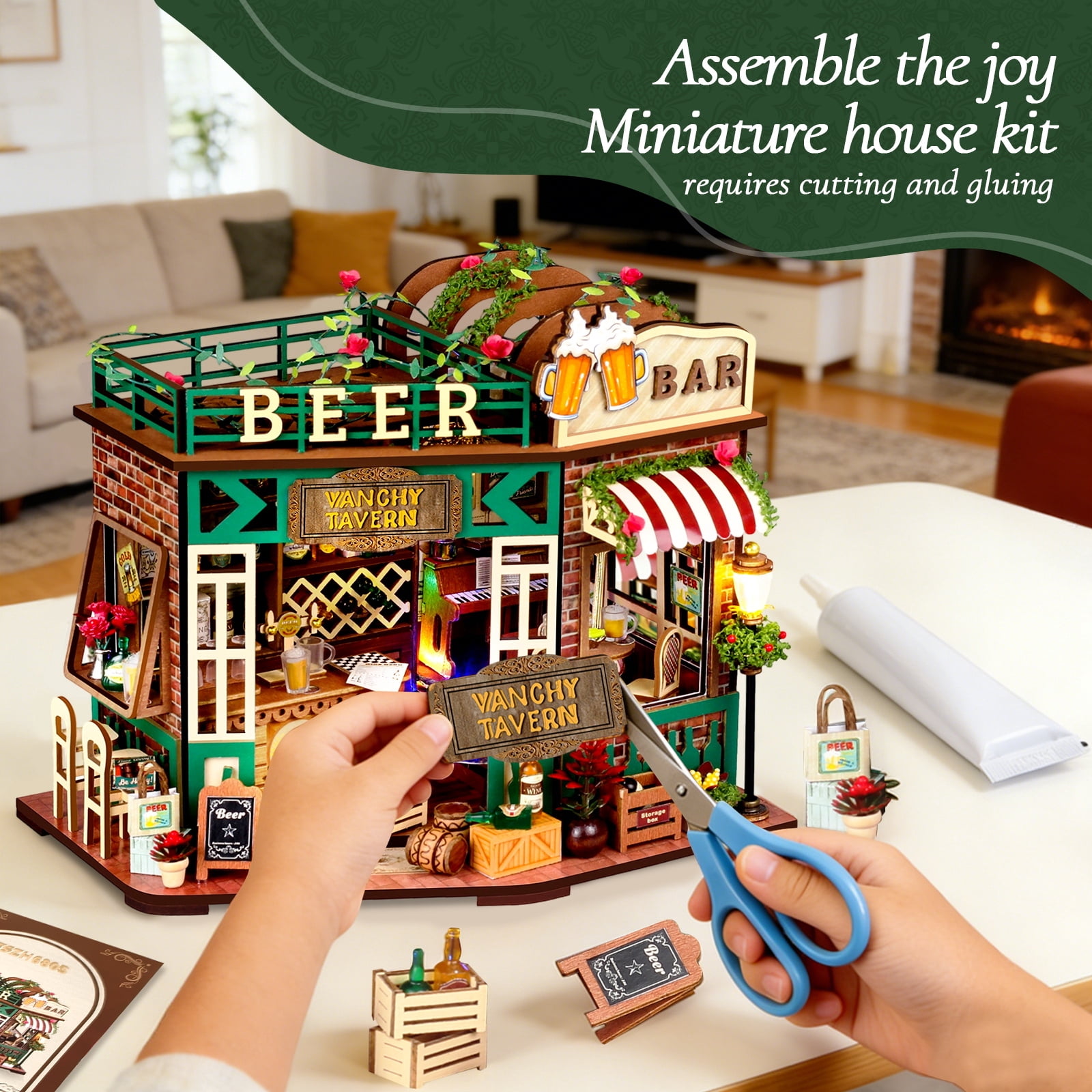 WLBES 3D Wooden Puzzle Book Nook Kit for Adults, DIY Miniature Tavern House Model Kit, Cute Book Nooks for Bookshelf, Home Decor & Craft Hobby