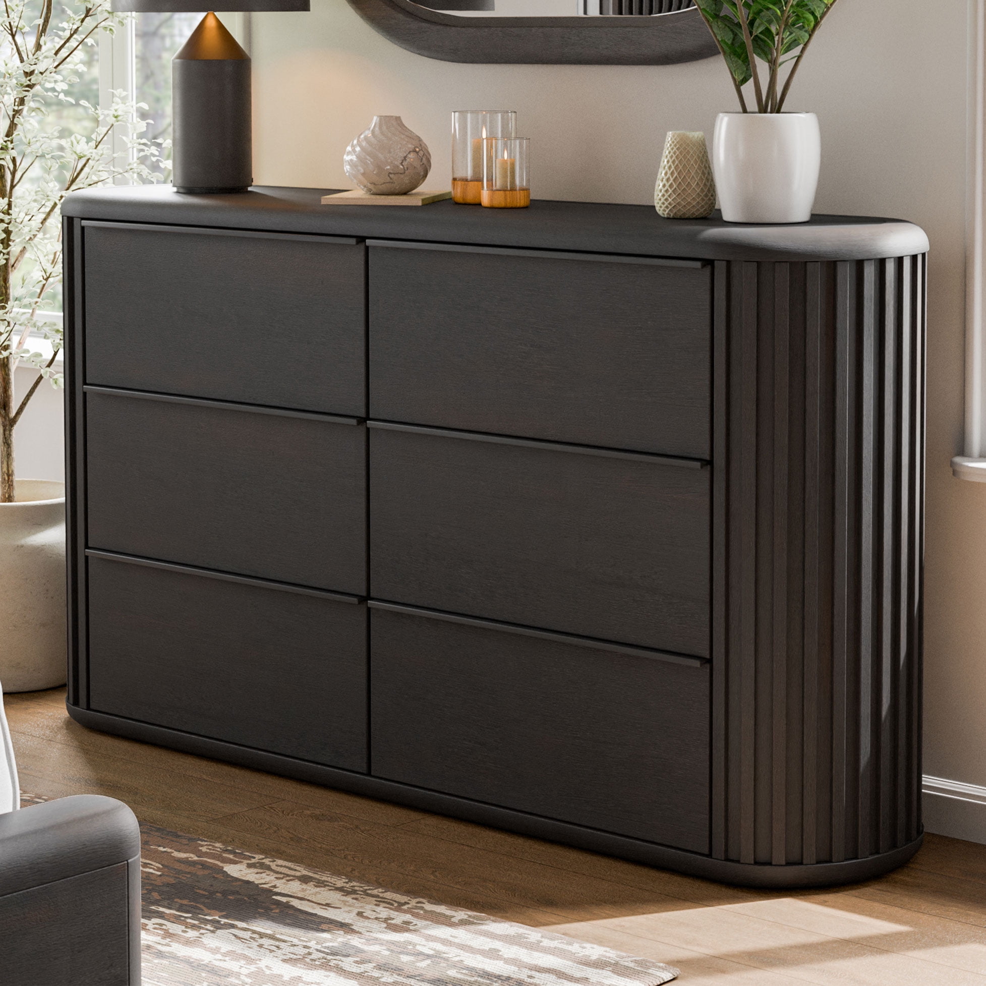 Furniture of America Kaelin Modern Fluted and Rounded 6-Drawer Dresser, Black