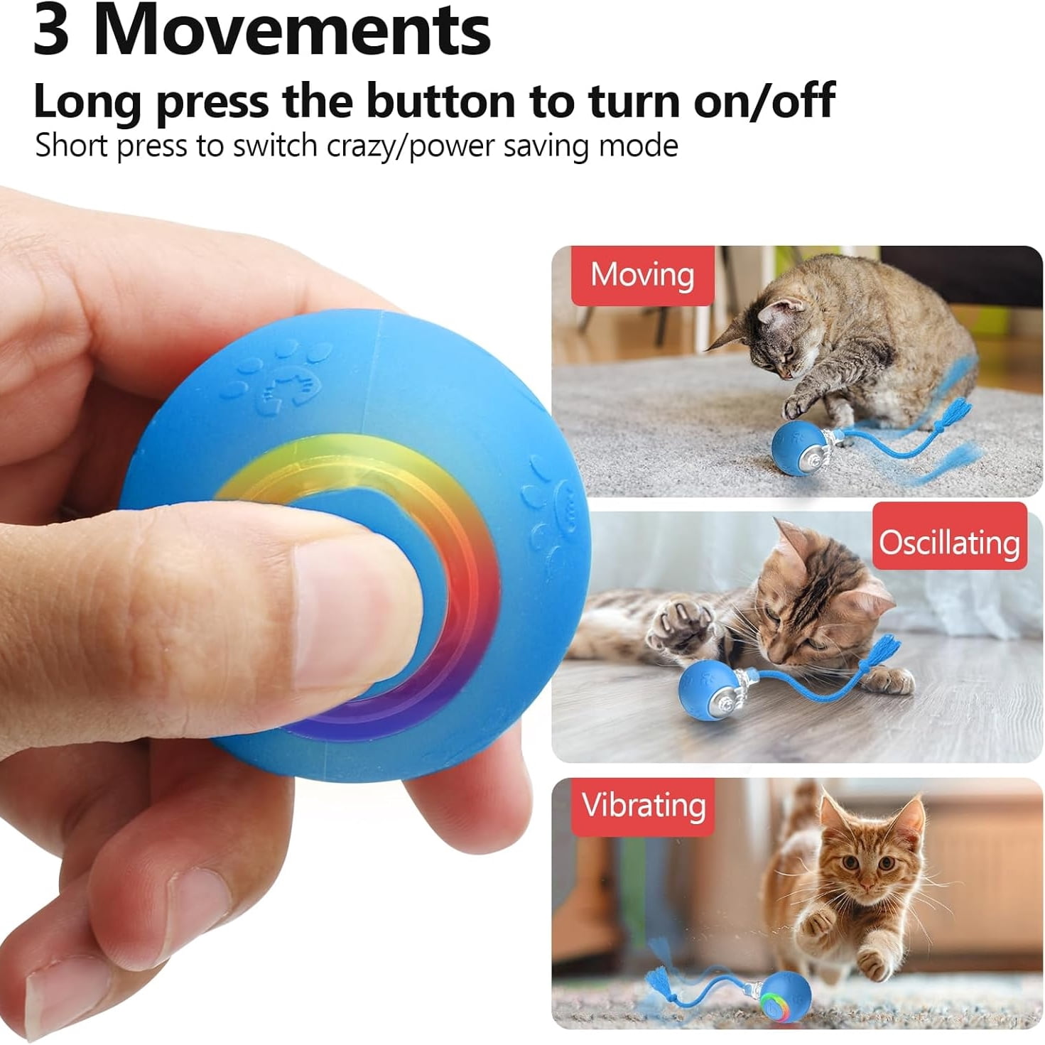 Automatic Rolling Ball Toy for Indoor Cats: Motion-Activated with Chirping, USB Rechargeable Blue Interactive Gift Featuring Speedy Tail 2.0