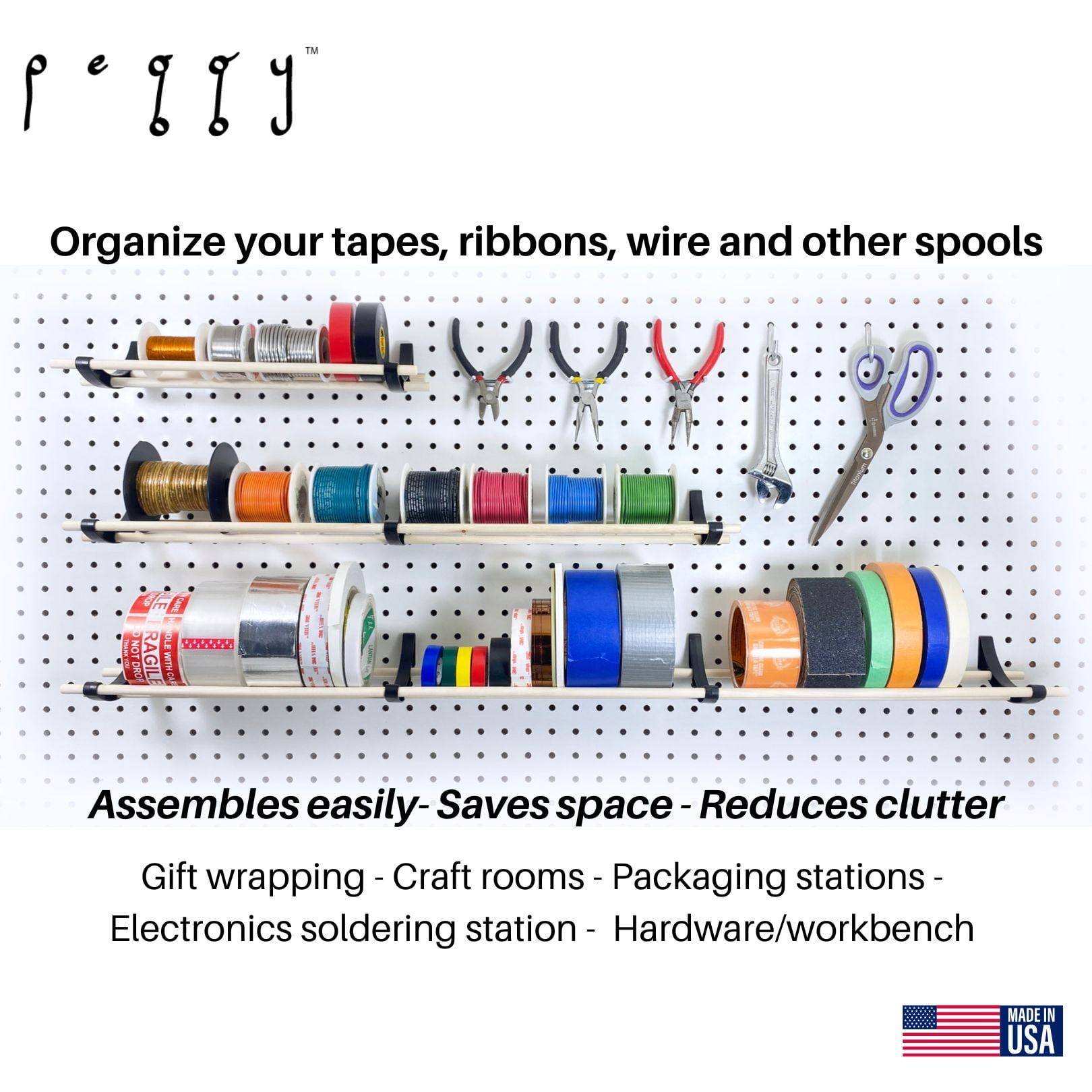Peggy Pegboard Tape and Ribbon Organizer, Accessory Hook and Dowel Storage for Wrapping, Crafts, Hobby, Wine Rack 12” kit - 6PK