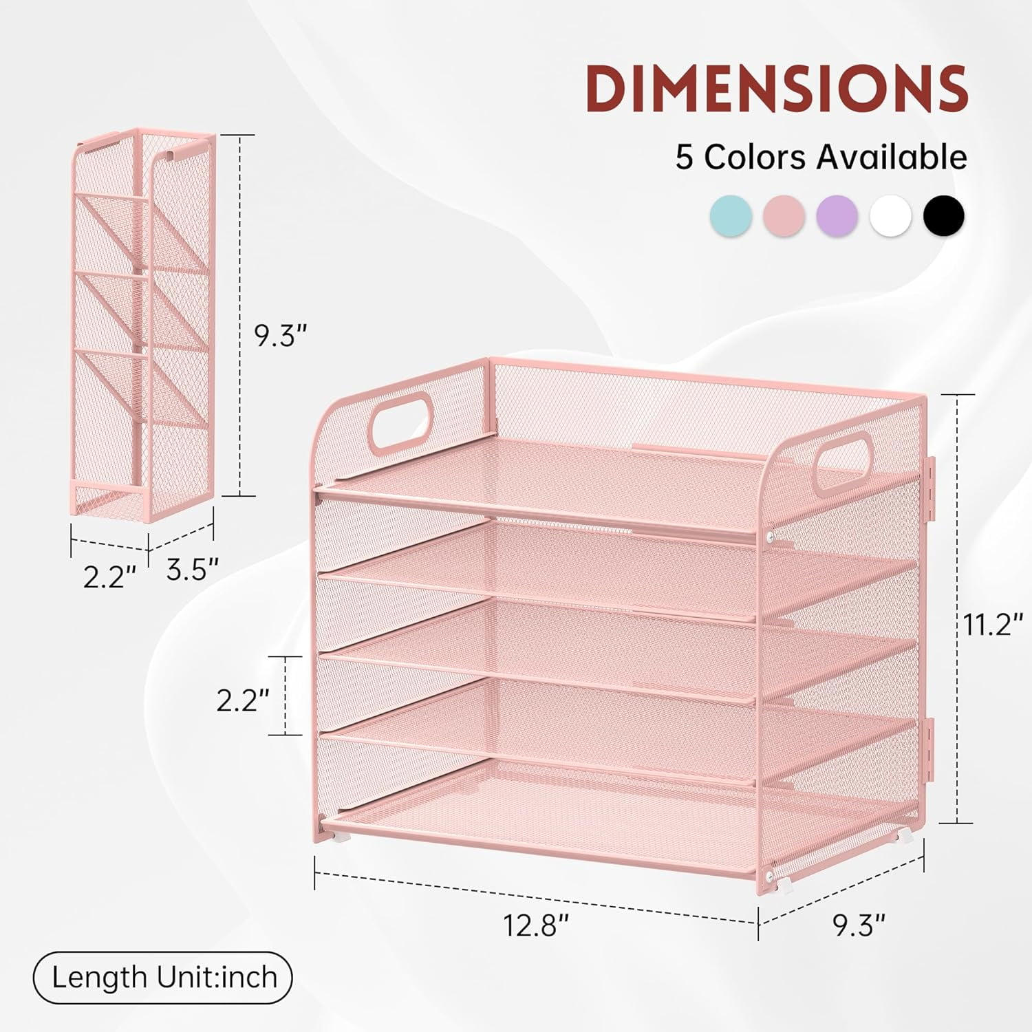 INTIGE 5 Tier Metal Mesh Desk File Organizer with Handle and Pen Holders, Pink, 1 Pcs