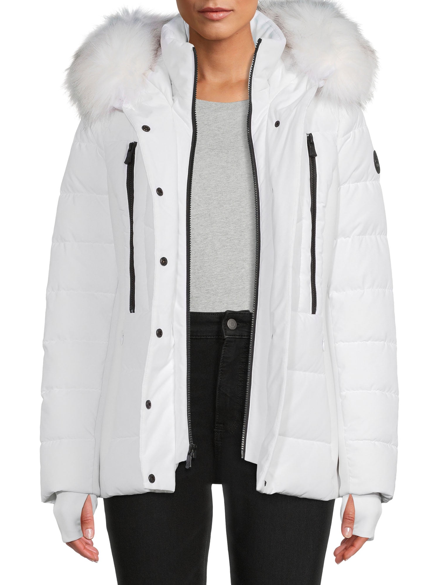 women's short puffer jacket with fur hood