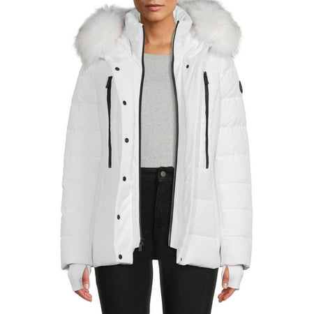 F.O.G. Women's Short Puffer Coat with Faux Fur Hood