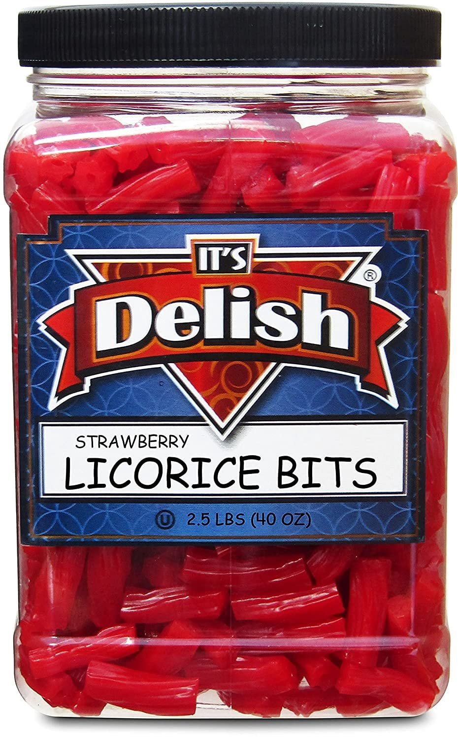Strawberry Licorice Bits by Its Delish, 2.5 LBS 40 Oz Jumbo Container Jar  Original Style Chewy Red Strawberry Candy Twists  Great Gifts Party Sweets  Made in USA, Vegan, Kosher