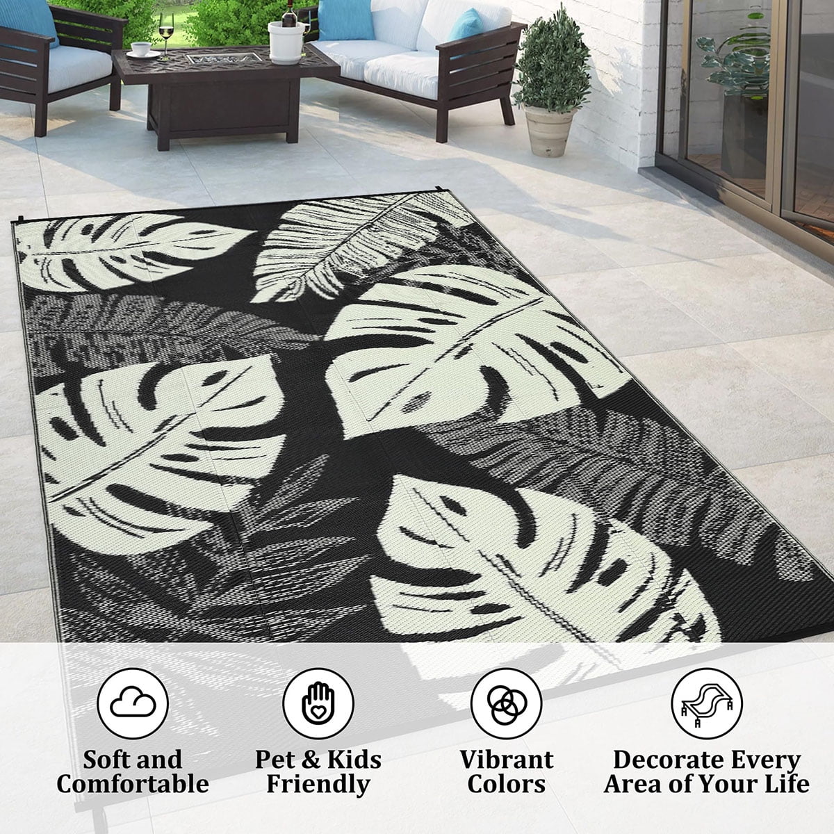 Ataucjin Large Outdoor Rug,8*12ft Waterproof Plastic Straw Rug, Modern Tropics Palm Leaves Camping Rug for Patio, Reversible Mat for Outside Patio RV Porch Deck Balcony