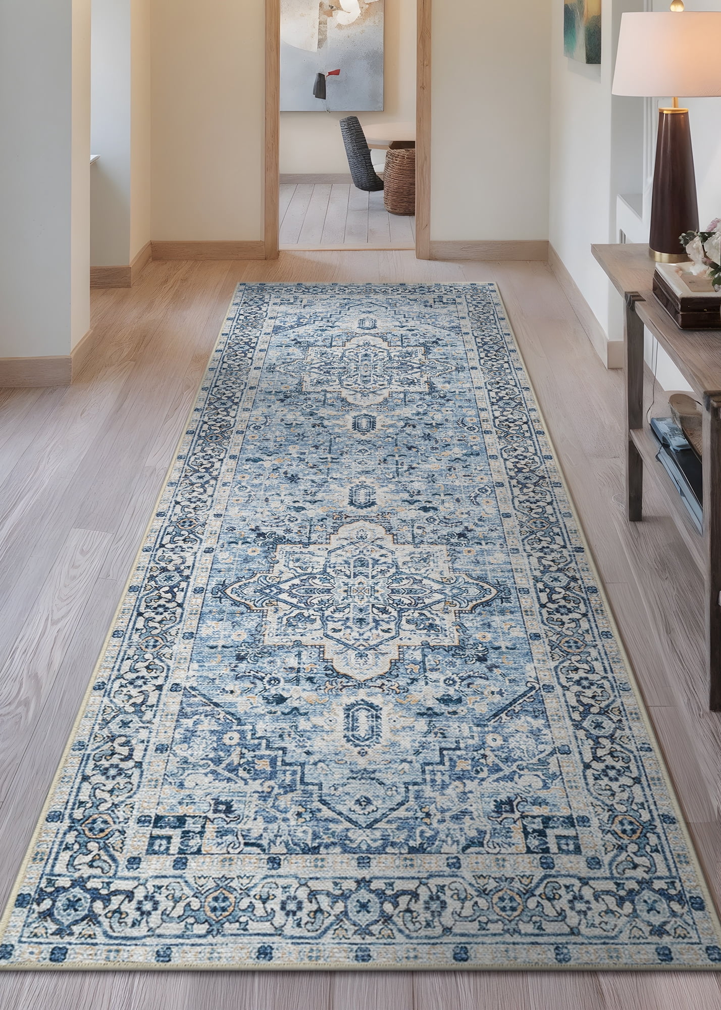 Bloom Rugs Washable Non-Slip 12 ft Runner - Navy Blue Traditional Oriental Runner for Entryway, Hallway, Bathroom, and Kitchen - Exact size: 2'6" x 12'
