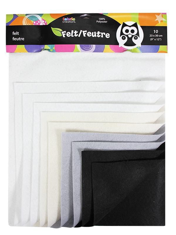 FABRIC CREATIONS Rainbow ClassicFelt™ Carrés lot de 10 - noir et blanc - 9" x 12" (23 cm x 30 cm)