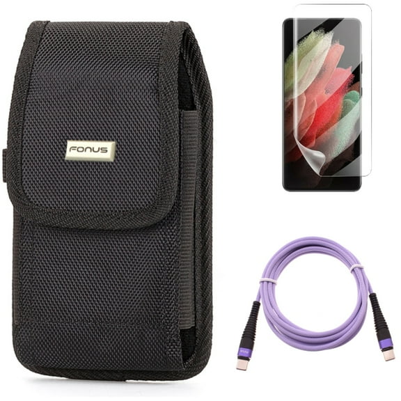 Case Belt Clip & Matte Screen Protector & Purple 10ft PD Cable for Samsung Galaxy S21 Ultra Phone - Rugged Holster & TPU Film Anti-Glare & Type-C to USB-C Fast Charger Cord Accessory Bundle