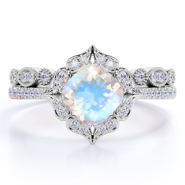 JeenMata Anillo Nupcial de Piedra Lunar Arcoíris Facetada Estilo Princesa de 1,5 Quilates y Moissanita con Vástago en V Engastado en Oro Blanco de 18 K sobre Plata