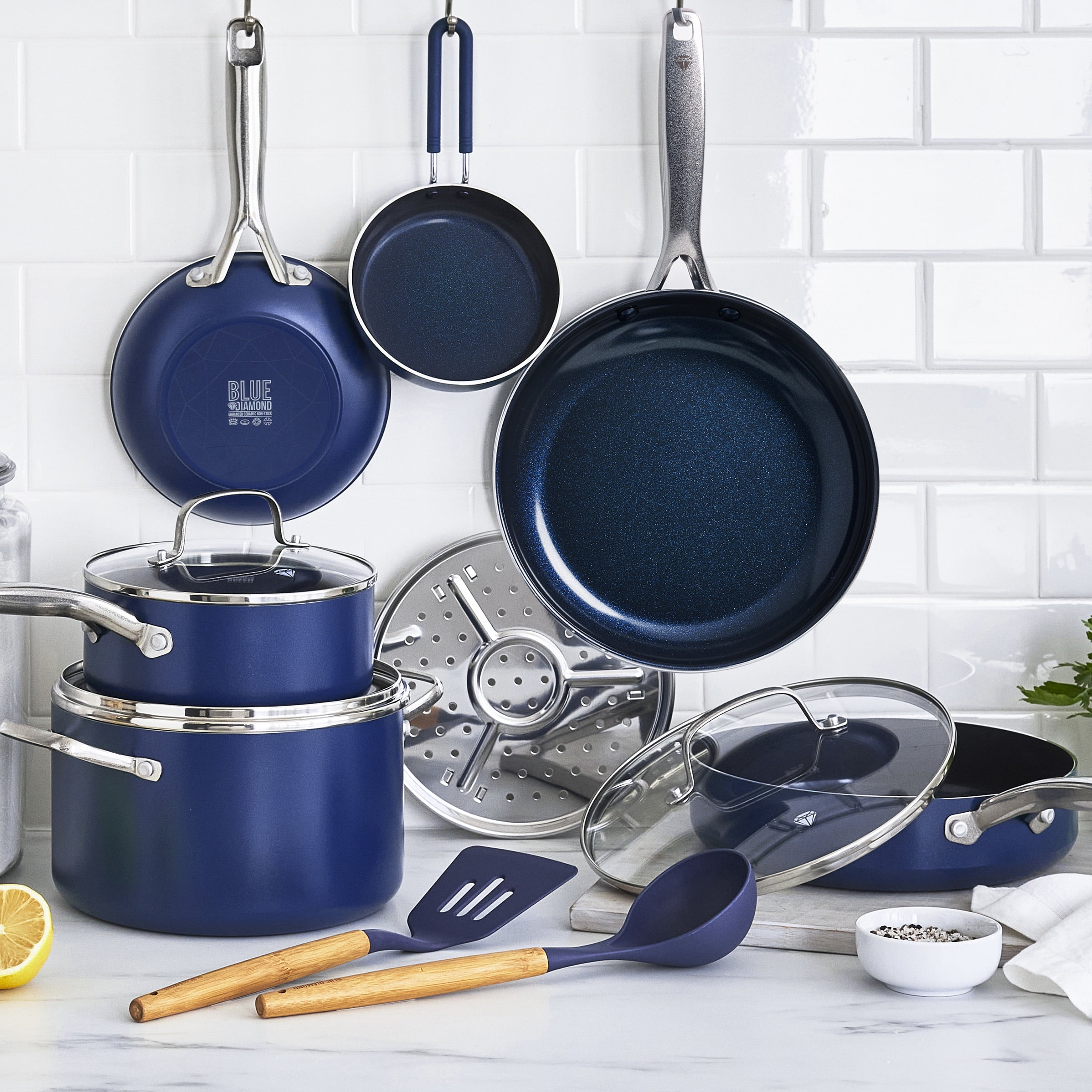 調理器具 Bellfina Diamond pan Grand Set Blue Diamond Toxin Free Ceramic Nonstick Metal Utensil Open