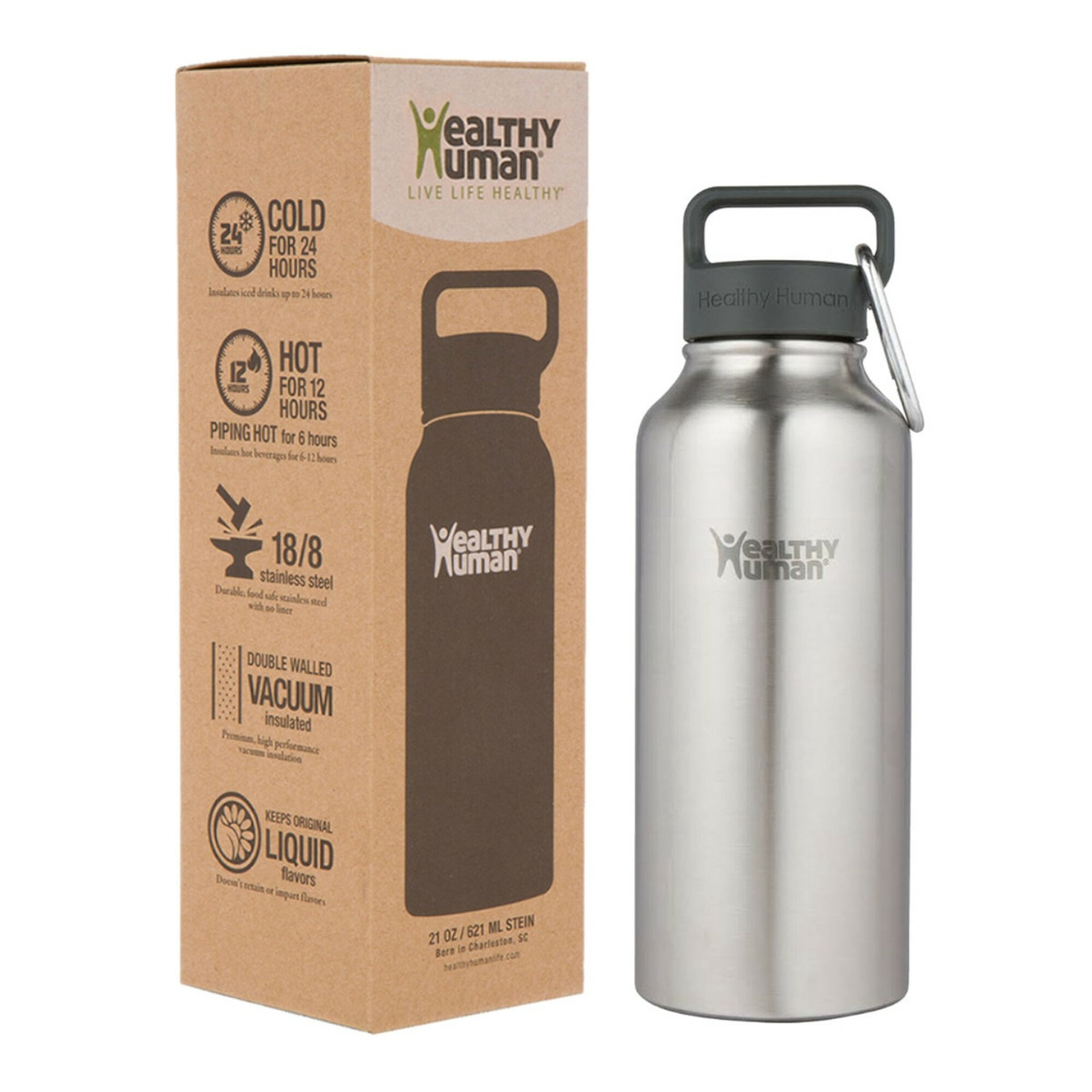 Healthy Human Stainless Steel Water Bottle | Double Walled Vacuum Insulated Water Thermos for Adults | Eco-Friendly Travel Bottles with Leak Proof Lid (Brushed Steel, 32 oz/ 946 ML)