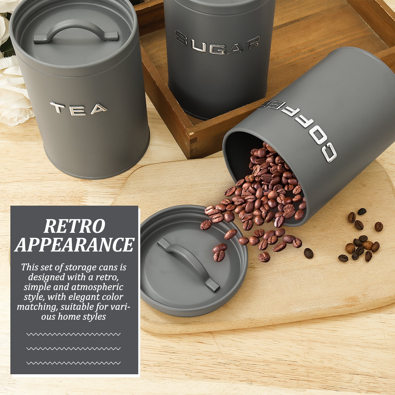 3 Pack Kitchen Canisters with Lids Airtight Metal Canister Set, Food Storage Containers Jars for Coffee, Sugar, Tea, Flour, Rustic Kitchen Decor Containers
