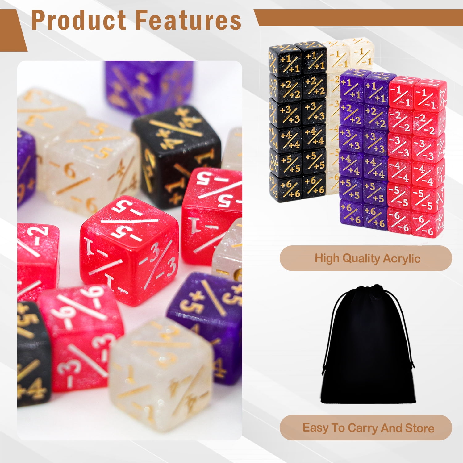 48pcs MTG Counter Dice Set 12mm/0.47inch 6-Sided +1/-1 Tokens Dice with Drawstring Bag for Magic: The Gathering, TCG, and Card Games Accessories, Magic Gathering Dice