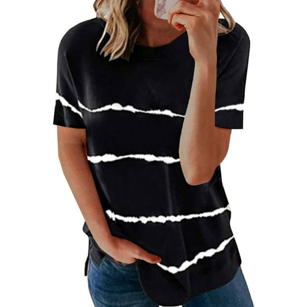 MOSHU T shirts for Women Short Sleeve Shirts Wave Striped Womens Tops ...