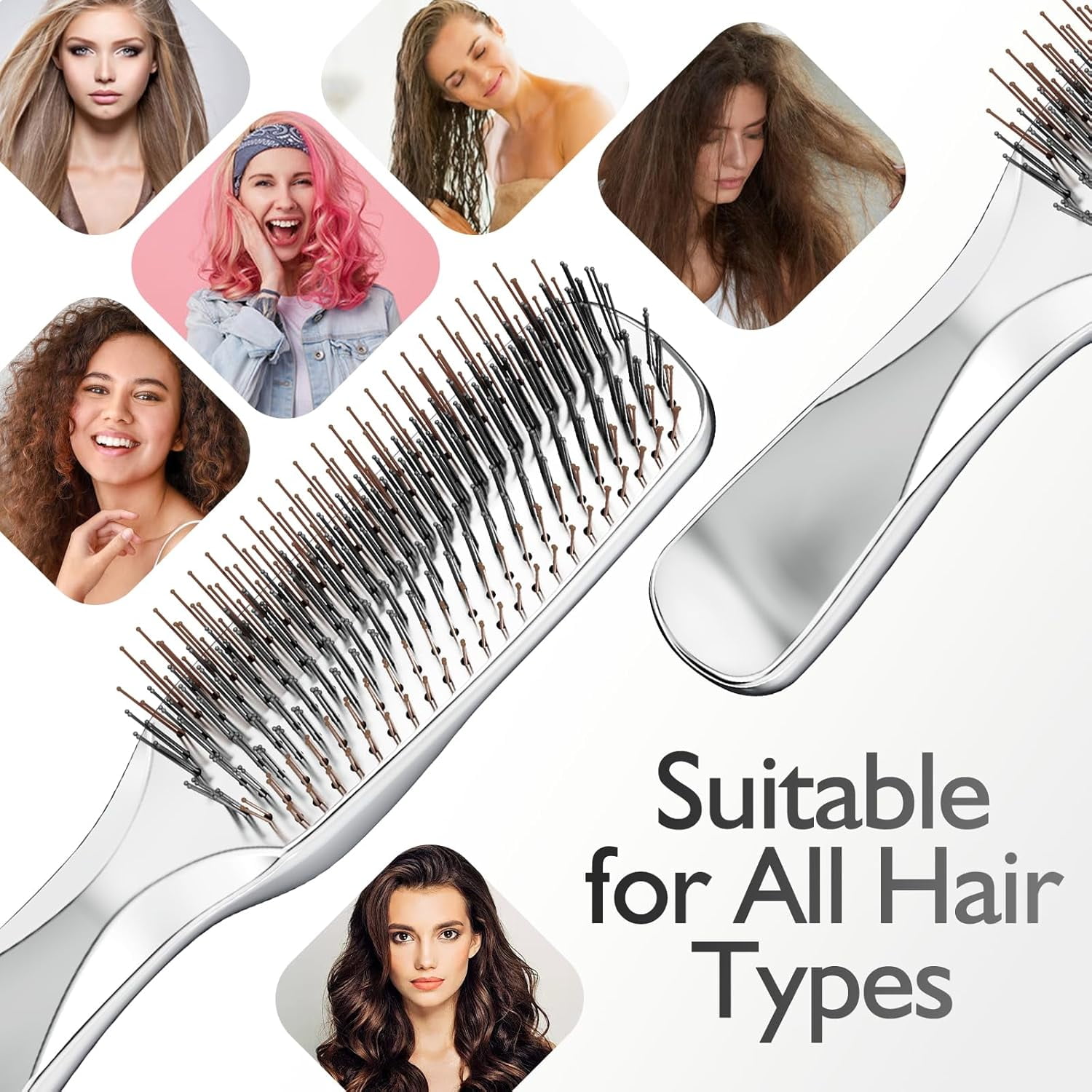 ABPETE Detangling Hair Brush, Dry and Wet Detangler Hair Brush for Women and Men, Massager Scalp Brush for Straight/Long/Fine Hair, Silver