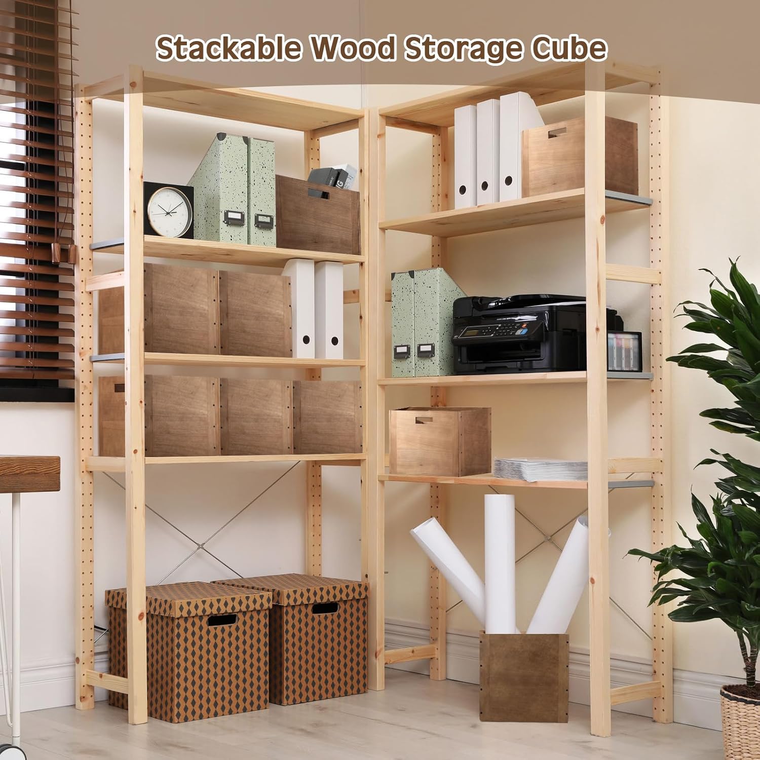 4 Pcs Stackable Wood Storage Cube for Shelves Closet Wooden Bins Box Wood Crates Storage Baskets Container for Toy Books Clothes Home Office, Dark Brown(14 x 10 x 10 Inch)
