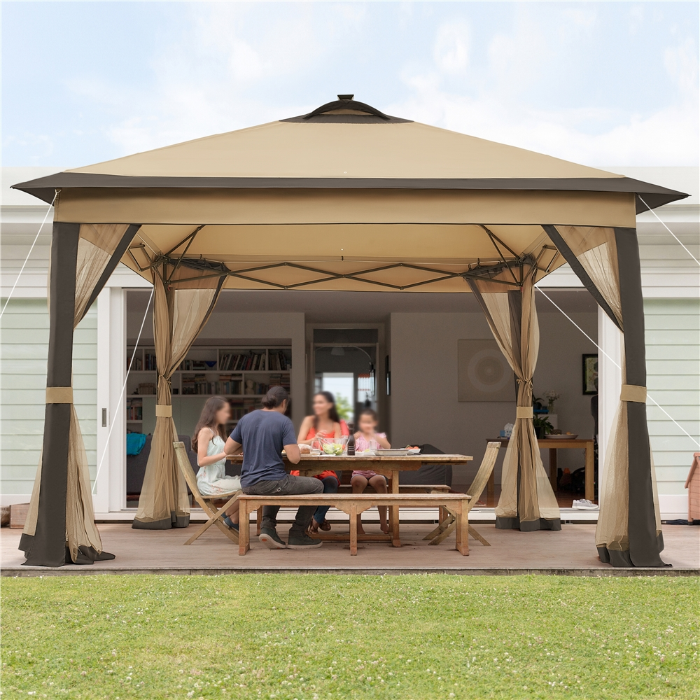 Alden Design Pop-Up Canopy Metal Frame Outdoor Gazebo with Double Tiers and Mesh Netting Solar LED Lights for Weddings Patio Garden Khaki/Brown