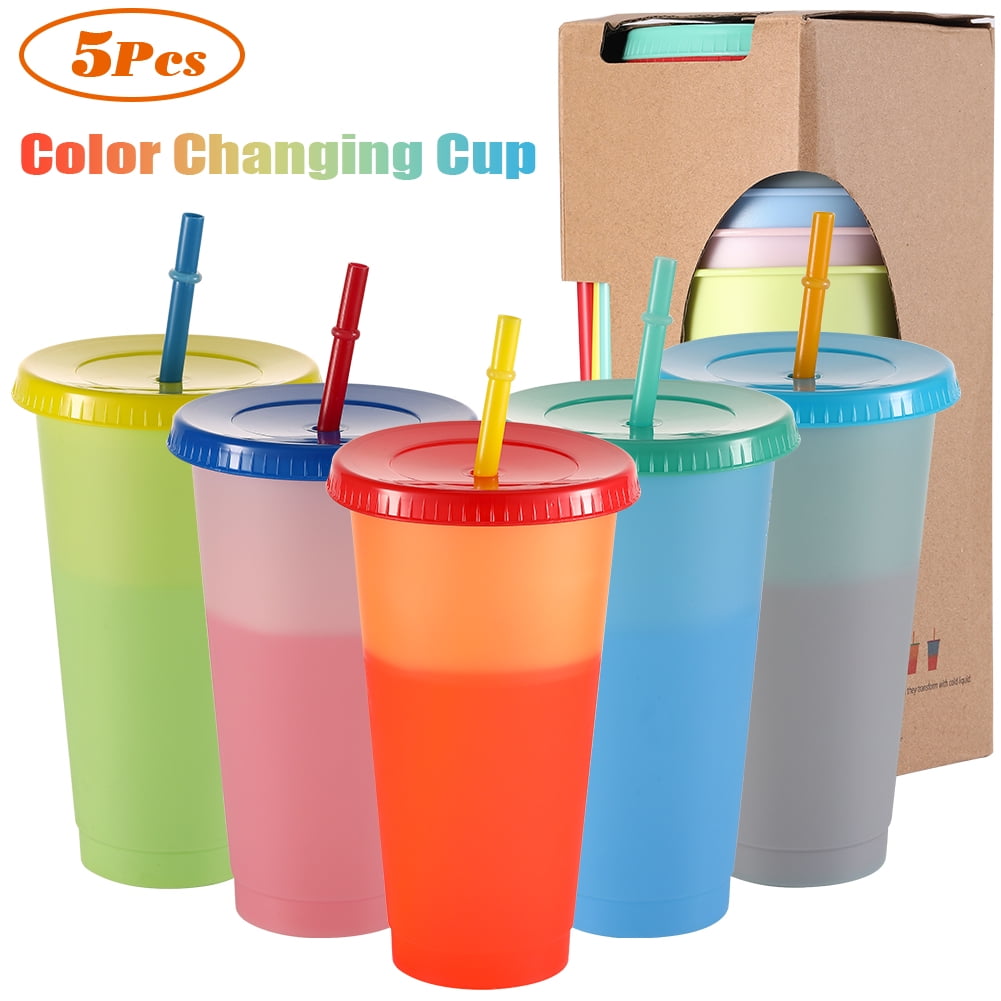 Color Changing Cups 24oz 5 Reusable Cold Drink Cups BPA Free with Lids and Straws Summer Coffee Tumblers Party Cup for Adults 