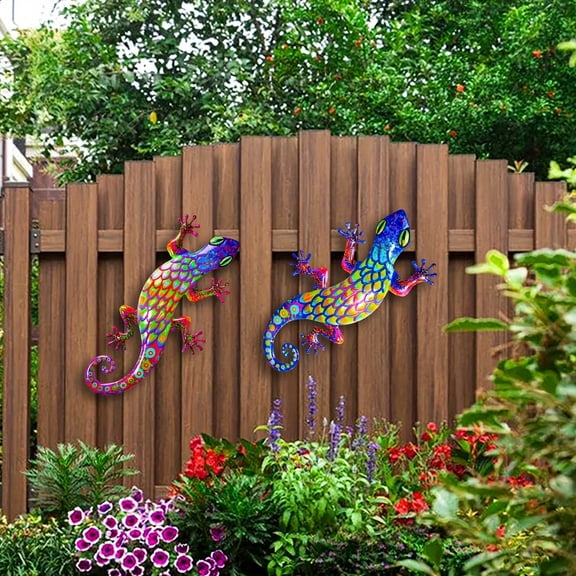 2pcs Gecko Wall Art Decor Acrylic Lizard Sculptures Colorful Outdoor Garden Patio Fence Decorations Vivid Hanging Animal Ornaments for Porch Yard Home Decor