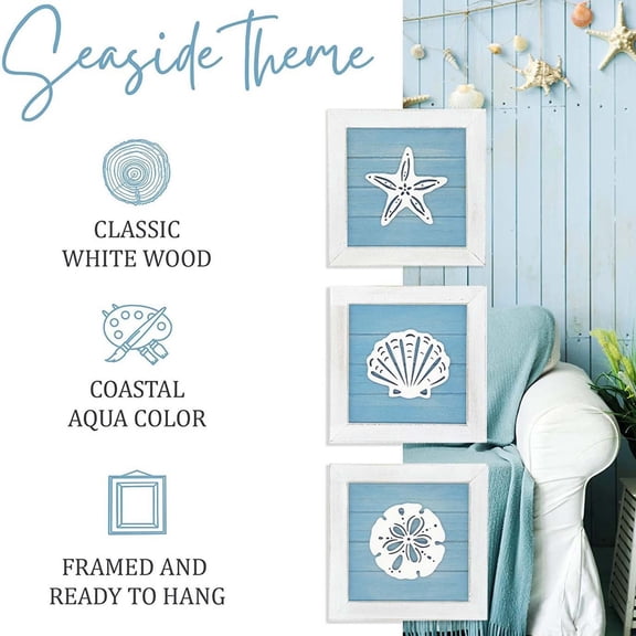 Beach Wall Decor Set of 3 | White Beach Theme Framed Wall Art | Seaside Bathroom Living Room Kitchen Decor | Summer Coastal Shells Sand | 17.5x17.5cm | Nautical Home Decoration