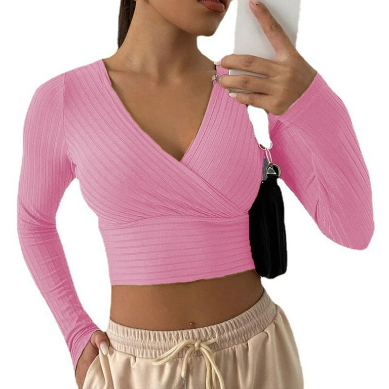 Vafful Women's Long Sleeve T Shirts Ribbed Sexy Basic V Neck Long Sleeve  Tee for Womens Slim Fit Solid Color Crop Top Hot Pink 