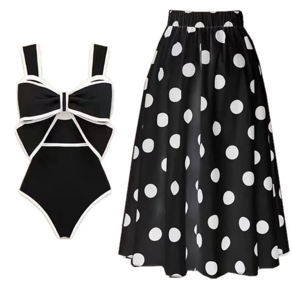 Women Swimwear, Color Block Bow Cutout One Piece Padded Swimsuit with Polka Dot Skirt Bathing Suit for Vacation
