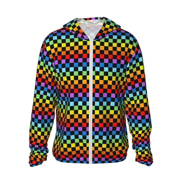 Vsdgher Rainbow Chequerboard Print Adult Hoodie Shirts Rash Guard for Men Women,Long Sleeve Sun Protection Fishing Shirts for Athletic Running Swim-Medium