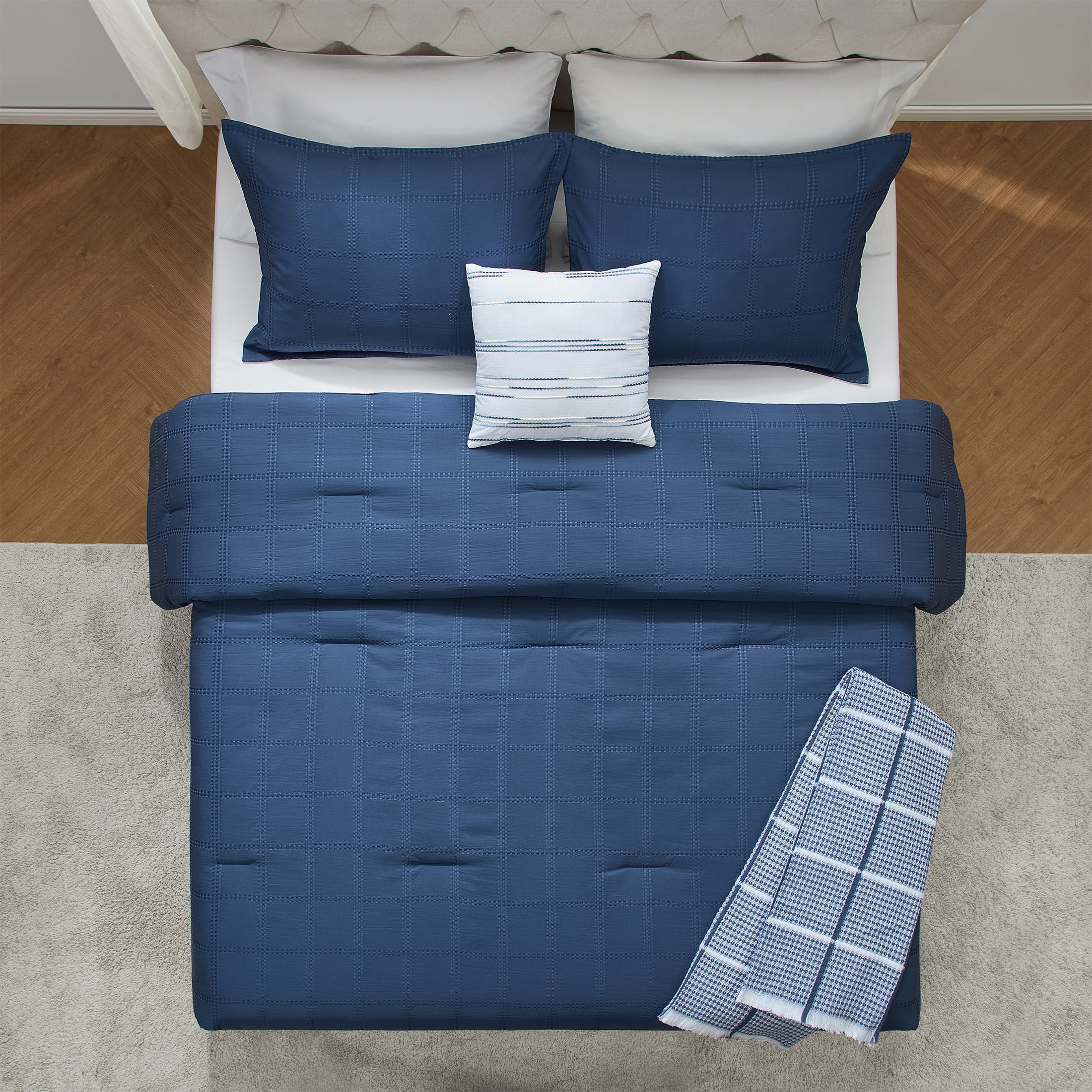 Mainstays 5-Piece Navy Waffle Check Comforter Set, King