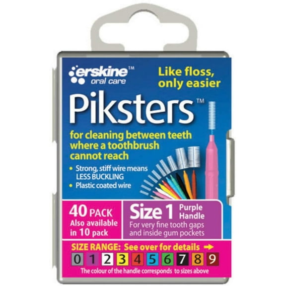 Pack of 40 Piksters Interdental Brushes Size 1 Purple Handle Reusable For Cleaning Between Teeth