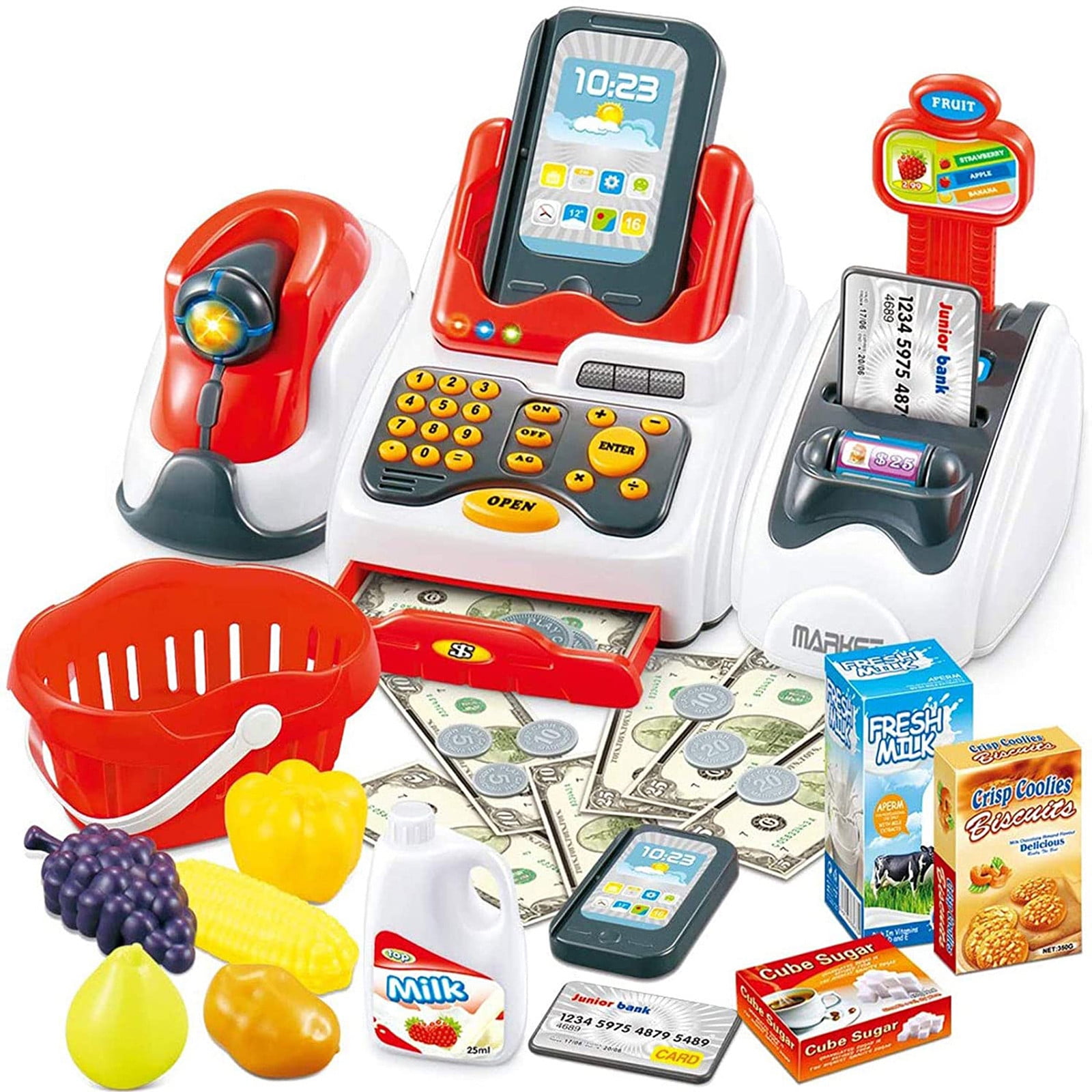 Scanner Holiday Birthday Gift for Children Shopping Grocery Play Store for Kids with Shopping Cart EDTO Kids Supermarket Toy Credit Card Machine Fruits 