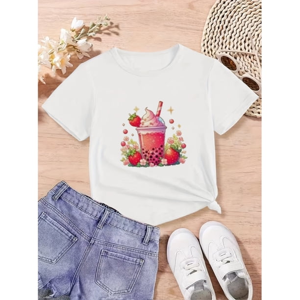 Cute Casual T-Shirt for Girls Featuring a Strawberry Ice Cream And Milk Tea Print, Stylish And Comfortable for Spring And Summer, Perfect As a Gift for Girls.