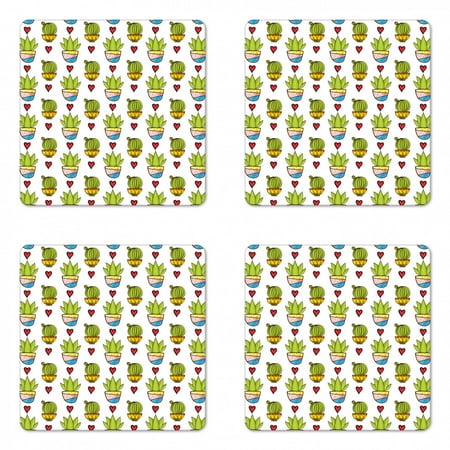 

Cactus Coaster Set of 4 Illustration of Colorful Desert Plantation Succulents in Pots and Doodle Hearts Square Hardboard Gloss Coasters Standard Size Multicolor by Ambesonne
