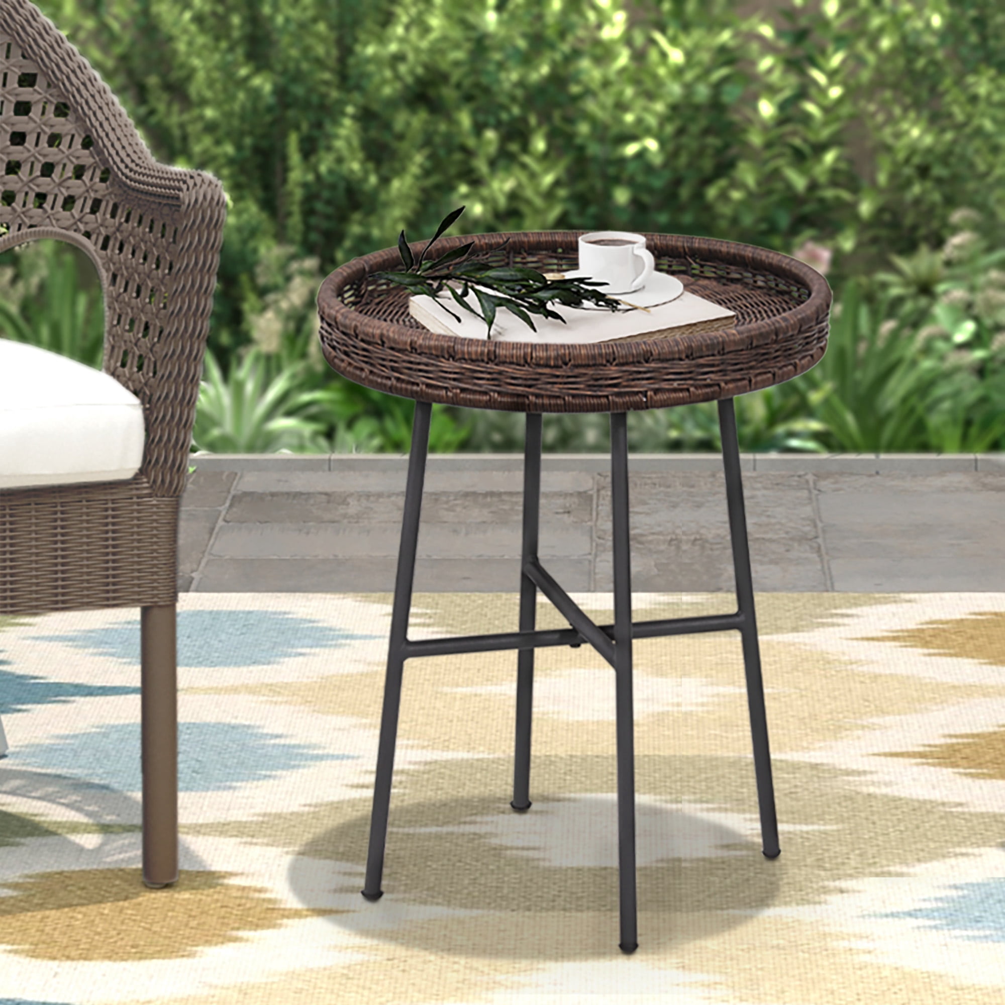 ABBLE Dark Brown Wicker Round End Table with Matte Black Metal Legs for Both Outdoor & Indoor Use