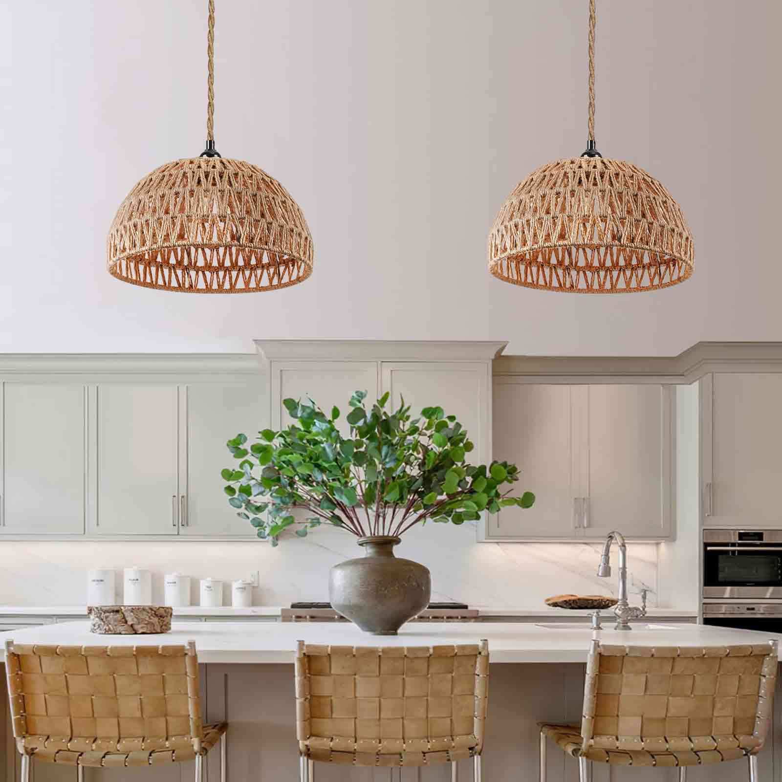 IC INSTANT COACH Woven Pendant Lights, Brown Woven Rattan Shade, Hemp Rope Hanging Cord with Switch, E26 Farmhouse Chandelier Pendant Light Fixtures for Kitchen Island, Dining Room, Living Room, Bedro