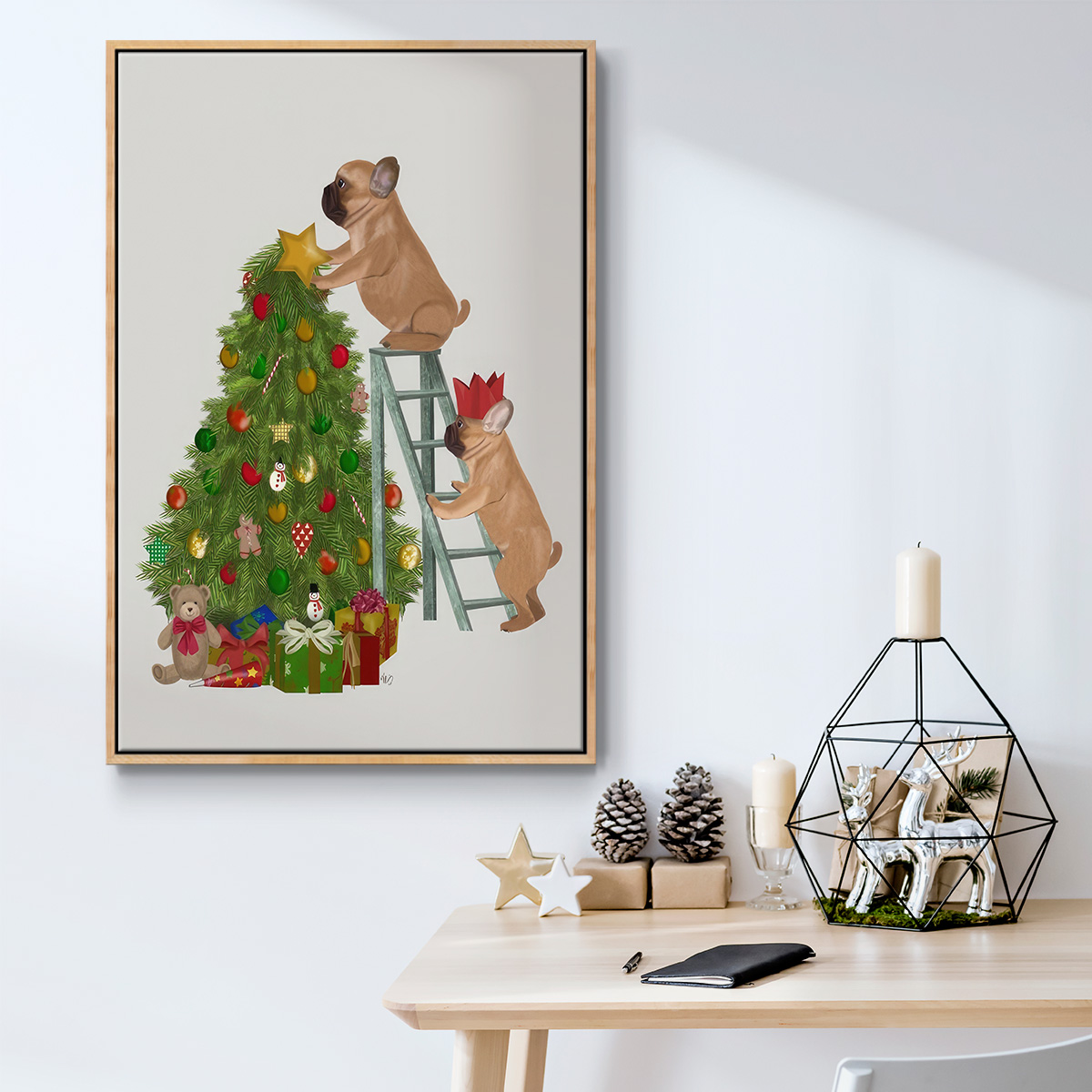 Christmas French Bulldog Tree Ladder - Framed Gallery Wrapped Holiday Canvas - 27 x 41 - Natural Wood Frame