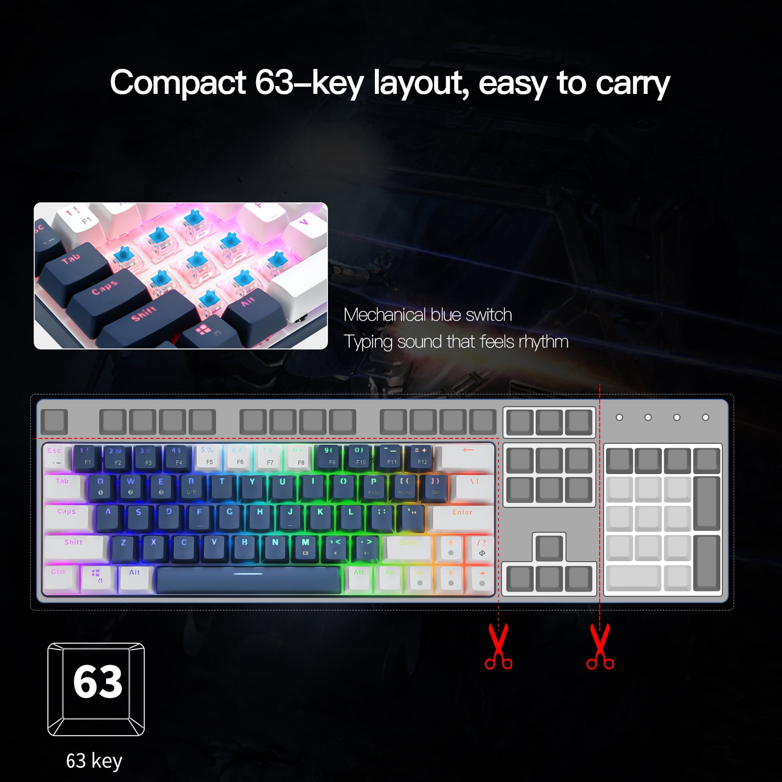 CQ63 Wireless Bluetooth 5.0 Mechanical Keyboard, Blue Switches, RGB Backlit, Compact 63 Keys, USB Type-C Wired, for Laptop, Mac, Smartphone, Tablet