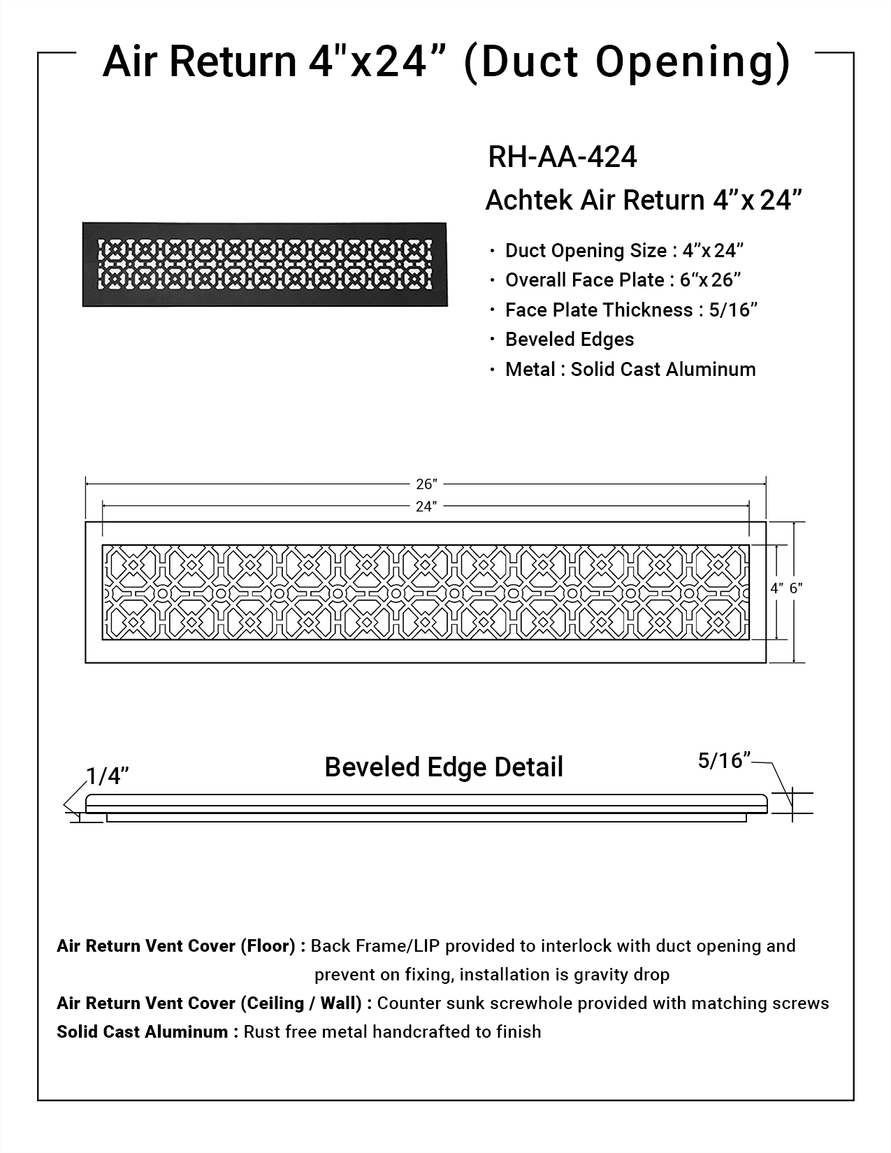 Achtek Air Return 4"x24" (Overall Size 6"x26") | Cast Aluminum Air Grille | HVAC Duct Cover for Home Ventilation