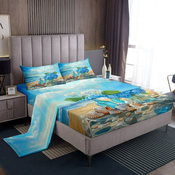 Erosebridal Blue Ocean Sheet Set Twin, Beach Seashell Bedding Sets Twin Size, Flower Twin Sheet Sets, Ultra Soft Bedroom Decor, 3 Pieces