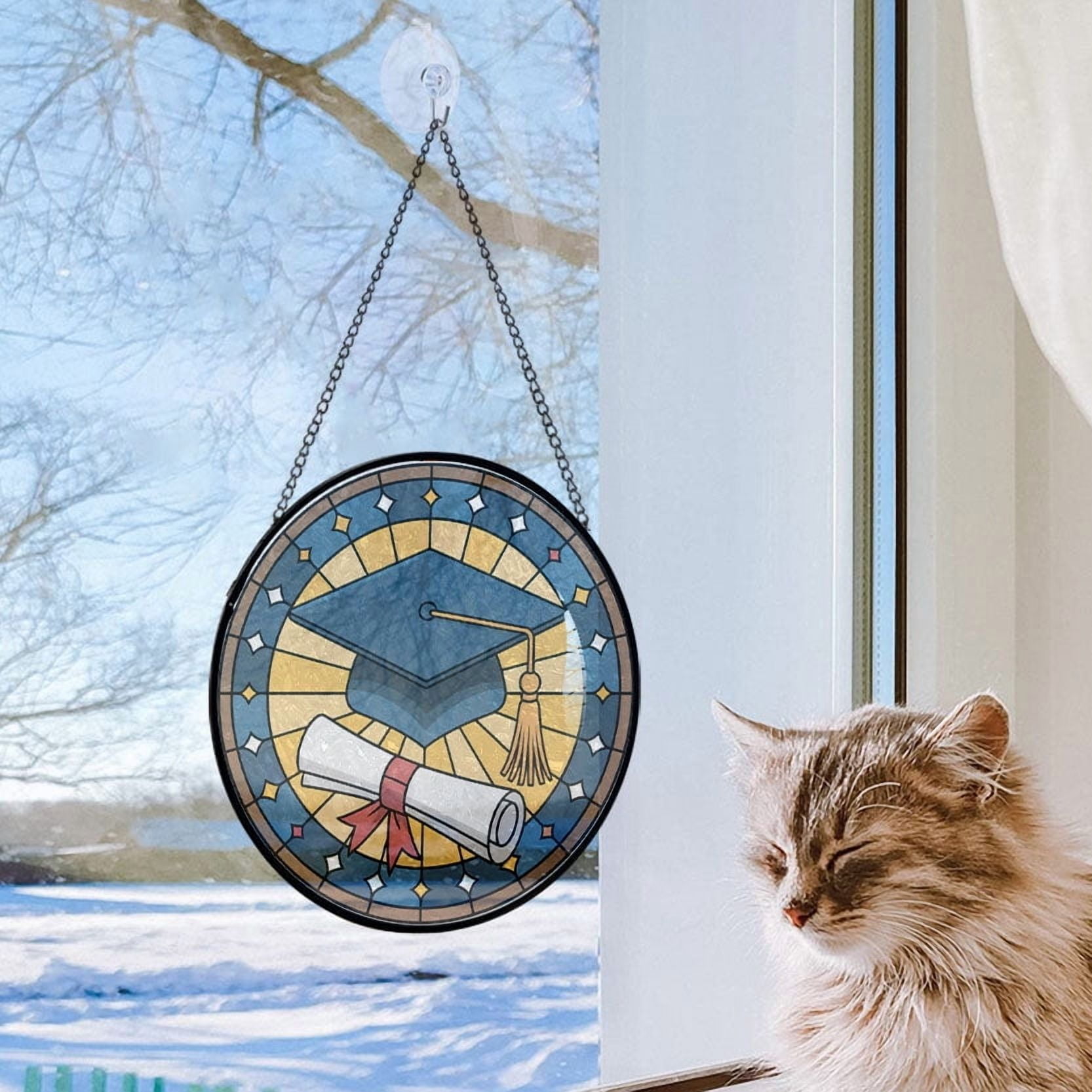A Graduation Cap and Diploma Stained Glass Suncatcher Window Hanging – Holiday Window Hanging Gift with Custom Text for Family, Friends, Man & Woman, Christmas 2025 Tree Keepsake