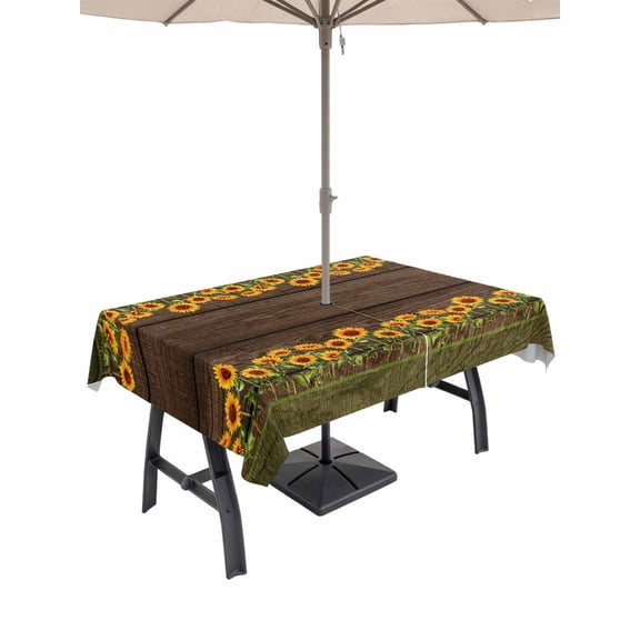 Outdoor Tablecloth with Umbrella Hole for Patio/Picnic/Party/Camping, Sunflowers Waterproof Table Cloth Rectangle Table Cover Washable, Farmhouse Vintage Botanical Floral Wooden Grian (52"x 70")