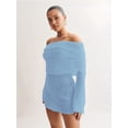 thumbnail image 4 of Women'S Off Shoulder Mini Skirt Bodycon Long Sleeve Crochet Out Going Mesh Elegant Sweater Dress Light Blue M, 4 of 5