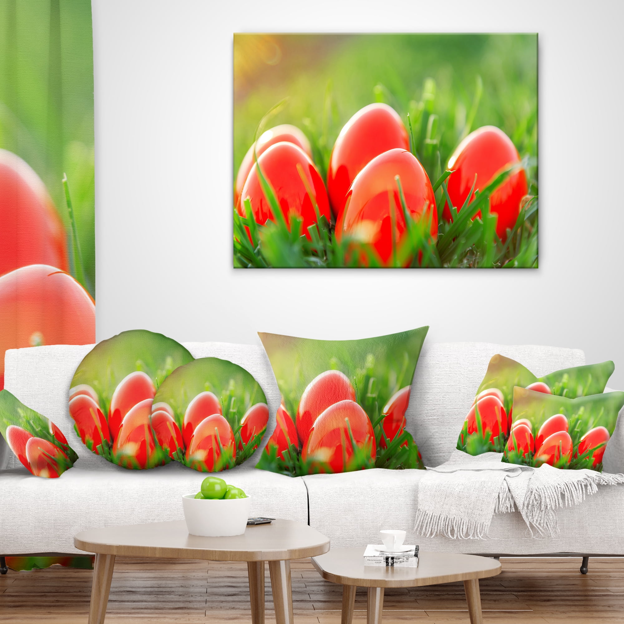 Designart Red Easter Eggs in Green Grass - Landscape Photography Throw Pillow - 16x16